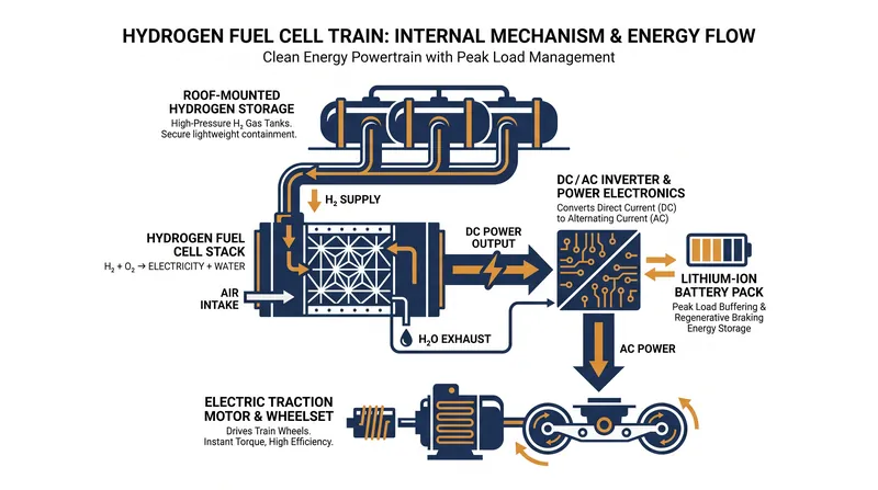 How it works: Hydrogen trains use a fuel cell to generate electricity onboard, supplemented by a small battery for acceleration.