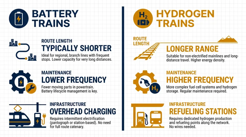 Battery trains dominate short, partially electrified routes, while hydrogen is preferred for long-distance endurance.