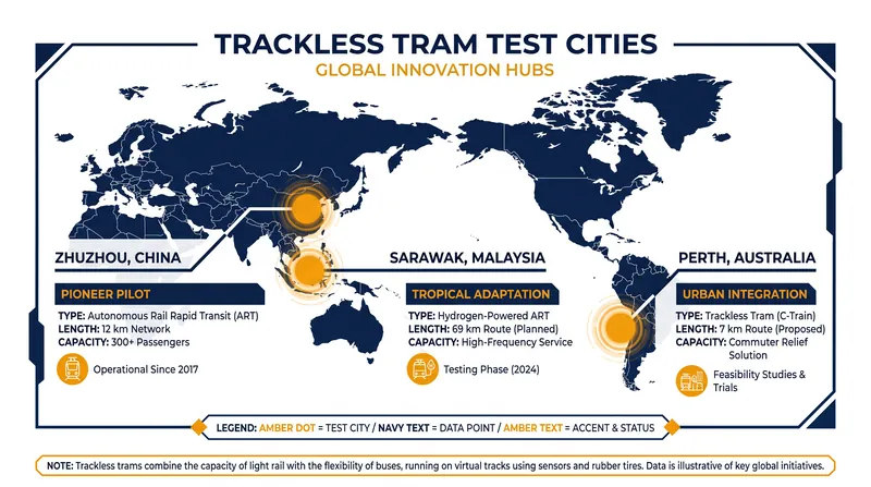Global pilot programs are testing the viability of trackless trams outside of China.