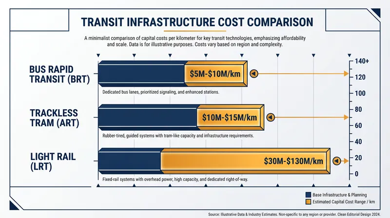 Estimated capital costs per kilometer for mid-tier transit options.