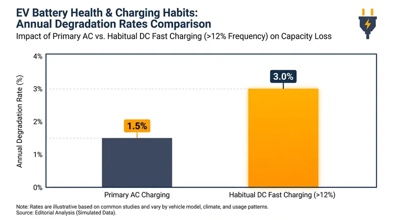 Habitual use of high-power DC fast chargers can double the rate of battery degradation due to thermal friction.