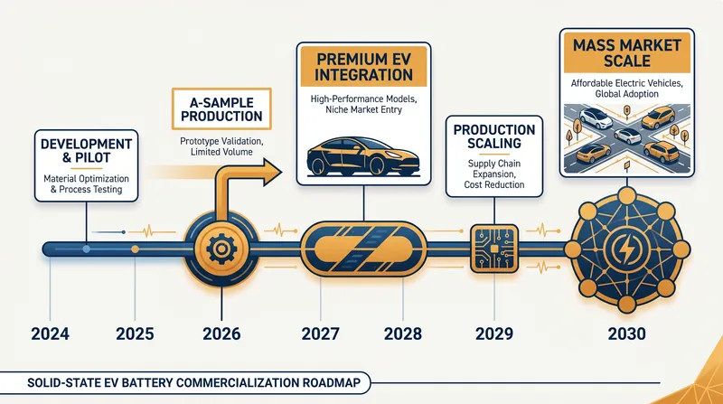 The automotive industry's consensus timeline for solid-state battery commercialization.
