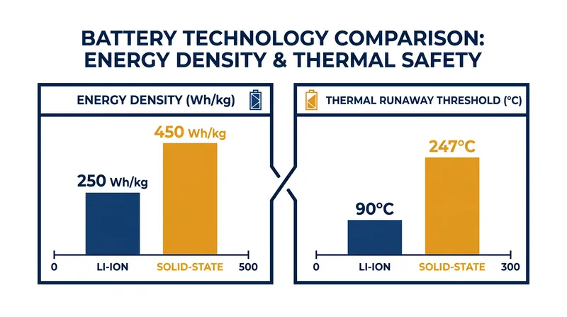 Solid-state cells offer nearly double the energy density while significantly raising the temperature threshold for thermal runaway.