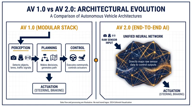 The architectural shift from modular software stacks to unified neural networks.