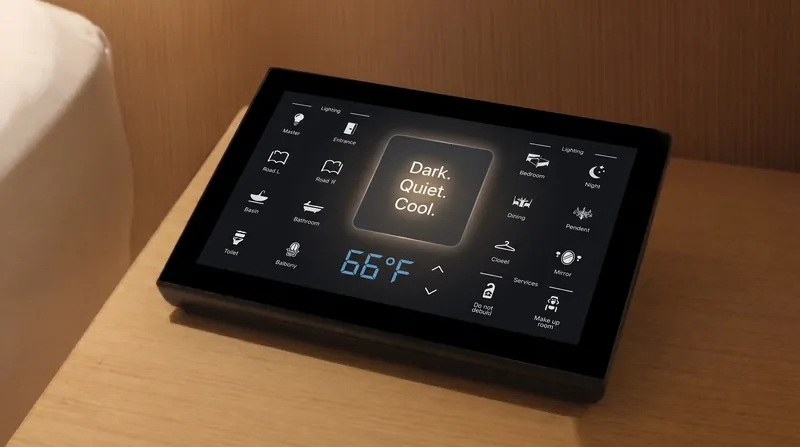 Environmental controls allow guests to instantly optimize the room for deep sleep.