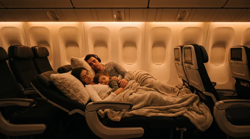 Convertible seating rows allow passengers to turn three standard economy seats into a single lie-flat surface.