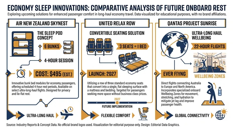 How major airlines are approaching the demand for horizontal rest in economy.
