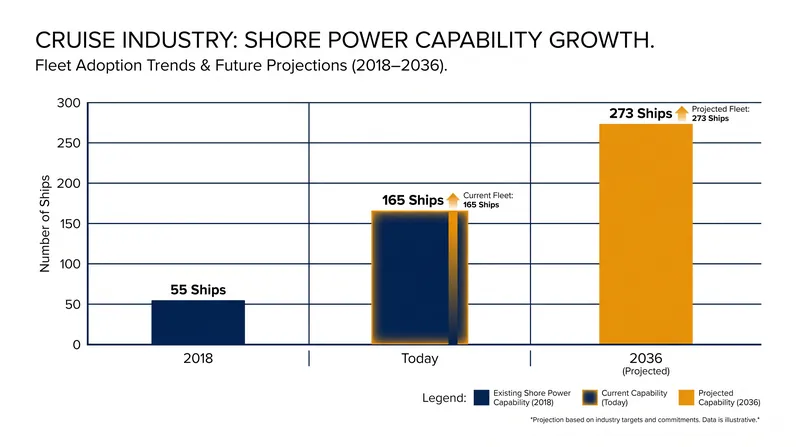 Shore power allows ships to plug into local electrical grids, eliminating in-port engine emissions.