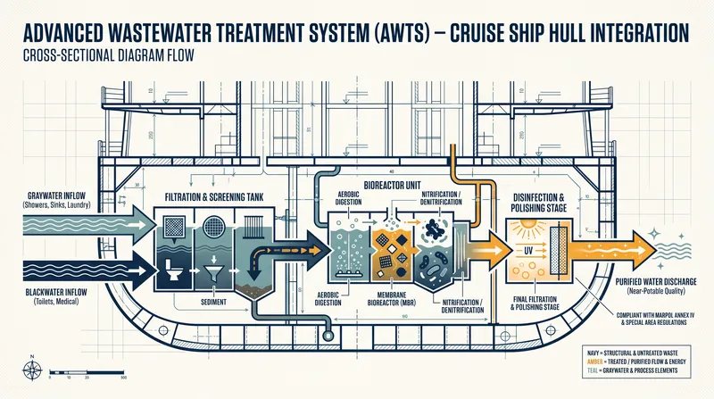 Advanced Wastewater Treatment Systems purify onboard water to near-drinking standards before discharge.