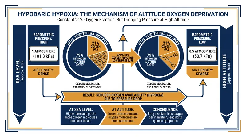How hypobaric hypoxia reduces the availability of oxygen molecules at high elevations.