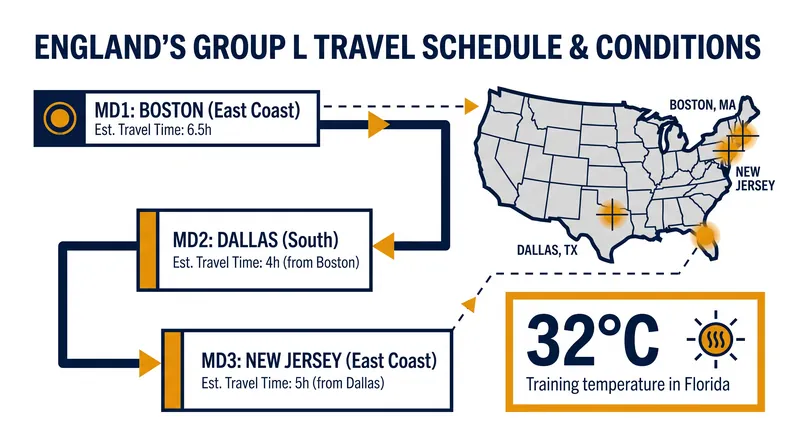 England's group stage itinerary requires significant travel and heat adaptation.