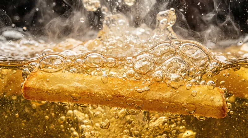 The violent bubbling in a deep fryer is actually the potato's internal moisture escaping as steam, which prevents the oil from soaking in.