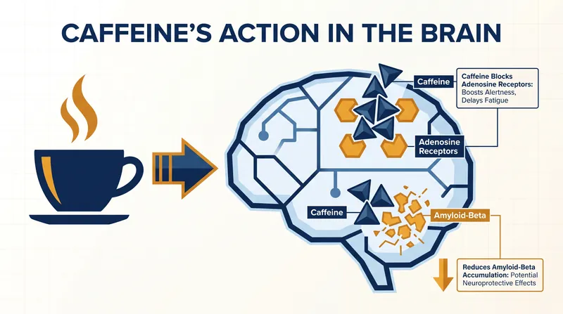 Caffeine protects the brain by blocking adenosine receptors and potentially reducing the buildup of toxic amyloid-beta proteins.