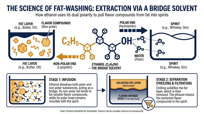 Ethanol's dual nature allows it to extract fat-soluble flavor compounds efficiently.