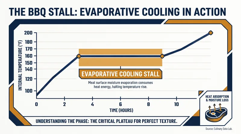 The BBQ stall occurs when the cooling effect of evaporating surface moisture perfectly balances the heat of the smoker.