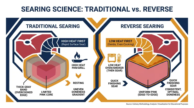 Traditional searing overcooks the outer layers before the center reaches its target temperature, while the reverse sear cooks the meat evenly.