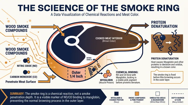 The smoke ring is a chemical reaction between myoglobin and nitric oxide, locking in a pink color before the meat reaches 140°F.