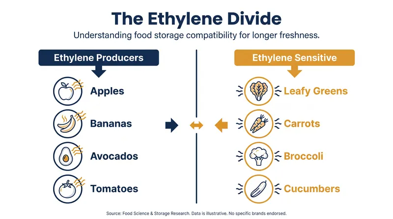 Keeping ethylene-producing fruits away from sensitive vegetables prevents rapid decay.