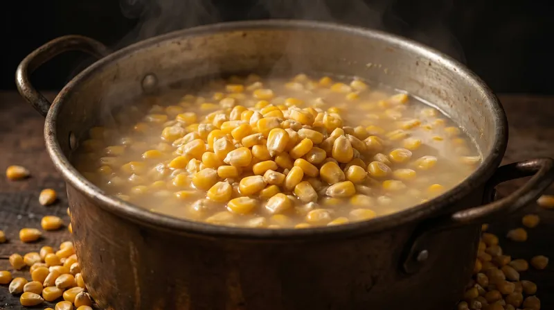 Corn kernels steeping in an alkaline solution of water and calcium hydroxide.