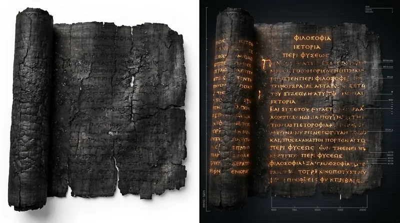Because ancient Roman ink was carbon-based, it is invisible on carbonized papyrus until AI models detect microscopic textural differences.