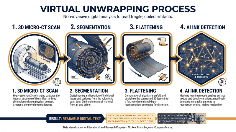 The virtual unwrapping pipeline uses particle accelerators and machine learning to read the scrolls without touching them.