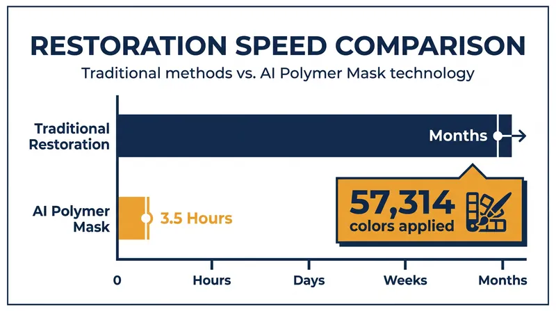 AI-driven polymer masks can restore complex damage up to 65 times faster than traditional hand-painting.