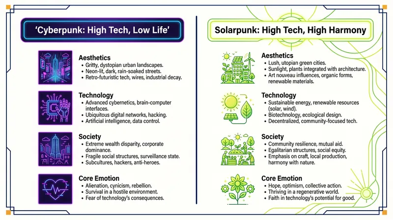 While cyberpunk focuses on dystopian corporate control, solarpunk offers a counter-narrative of ecological balance and community resilience.