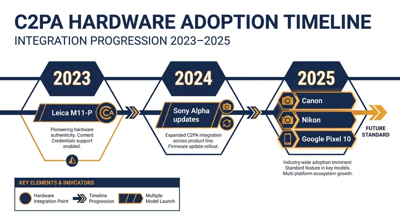 Major camera manufacturers have rapidly integrated hardware-level C2PA support since late 2023.