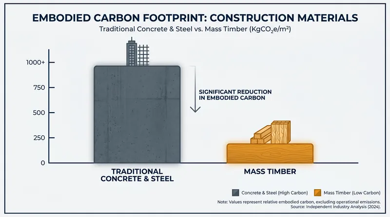 Mass timber drastically reduces the 'embodied carbon' of a building compared to traditional cement and steel.
