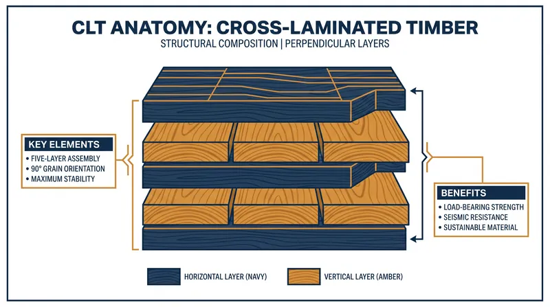 Cross-Laminated Timber (CLT) achieves immense strength by gluing layers of wood at alternating 90-degree angles.
