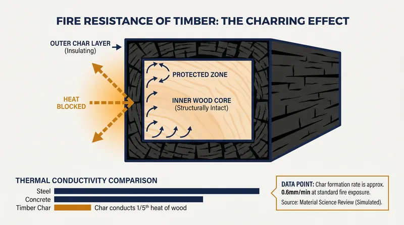 In a fire, the outer layer of mass timber turns to char, creating an insulating barrier that protects the structural core.