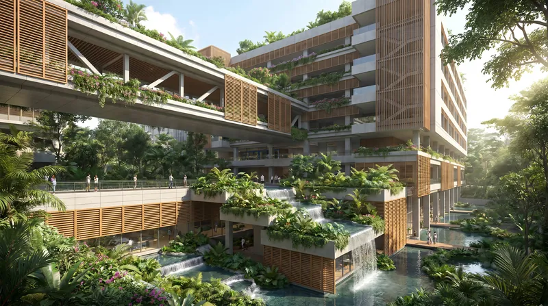 Facilities like Singapore's Khoo Teck Puat Hospital use biophilic principles to enhance natural airflow and patient recovery.