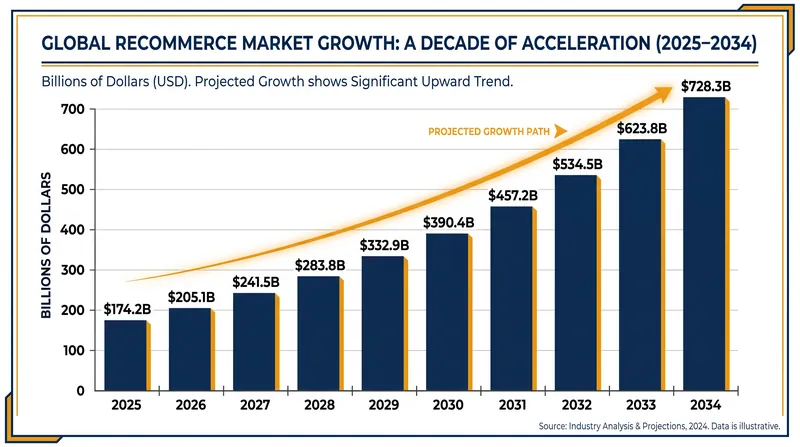 The global recommerce market is projected to expand at a 15.2% compound annual growth rate through 2034.