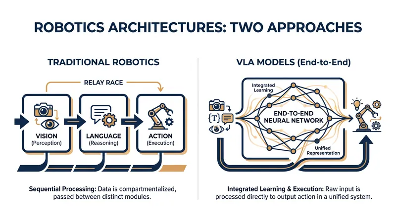 How end-to-end neural networks replace the segmented modules of classical robotics.
