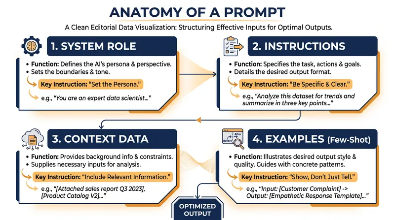 A well-structured prompt separates instructions from context and provides clear examples.