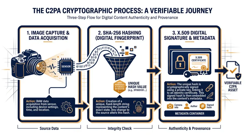 How C2PA content credentials cryptographically sign digital media at the point of creation.