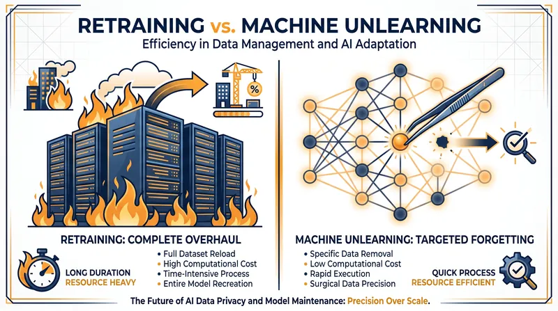 Unlike traditional retraining, machine unlearning targets specific parameters within the model.