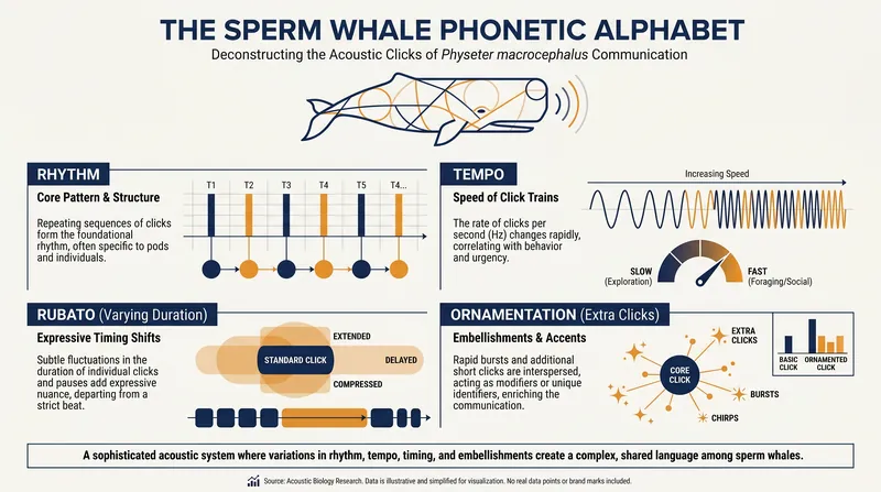 Sperm whales build their codas using four distinct acoustic features, allowing for a vast inventory of distinguishable calls.