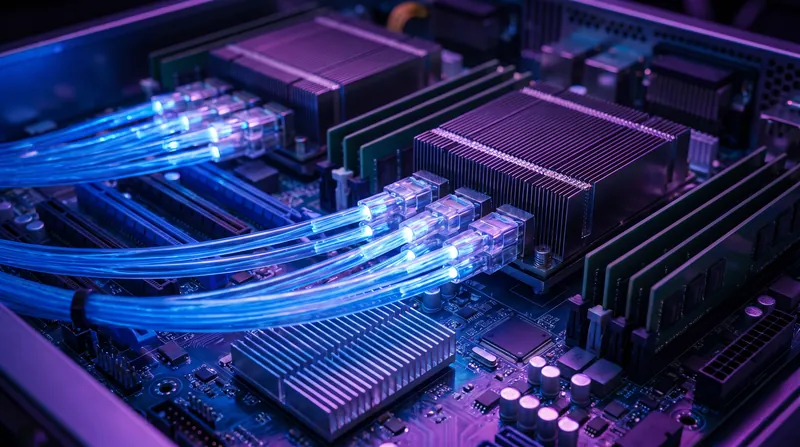 The near future of AI hardware relies on 'co-packaged optics'—hybrid systems blending traditional electronics with optical interconnects.