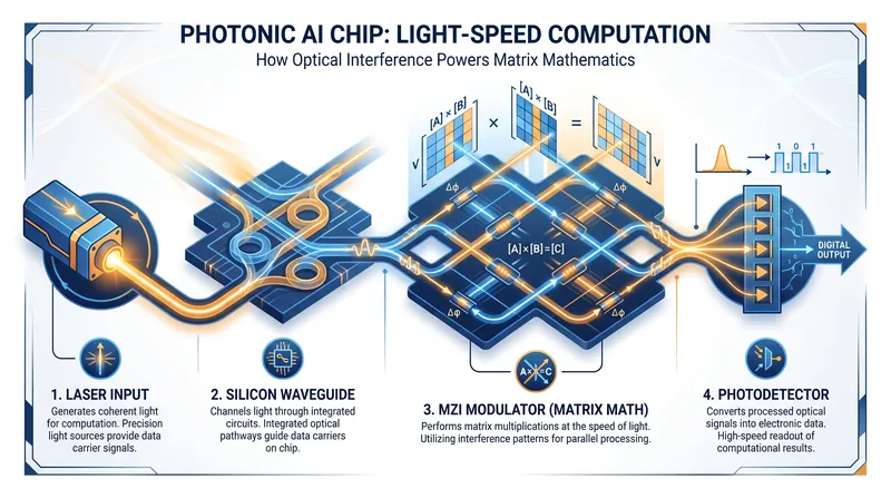 Data is encoded into light, multiplied instantly as it passes through interferometers, and converted back to electricity.