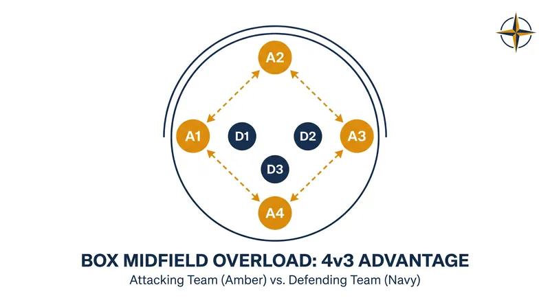 The box midfield creates a 4v3 numerical superiority in the center of the pitch.