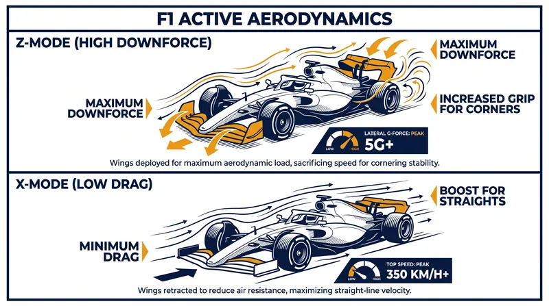 Drivers switch between high-downforce Z-Mode for corners and low-drag X-Mode for straights to conserve electrical energy.