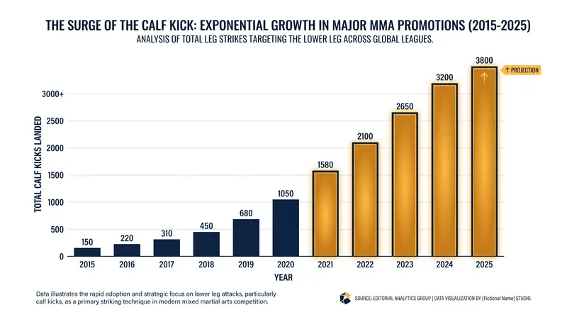 The frequency of calf kicks in elite mixed martial arts has grown exponentially over the past decade.