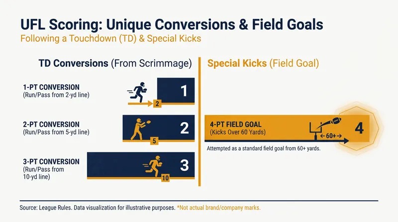 The UFL's unique rulebook includes a 4-point field goal for kicks of 60 yards or more.