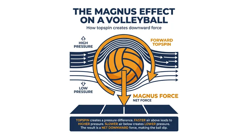 The Magnus effect creates a pressure differential that forces a topspin serve to dive sharply toward the floor.