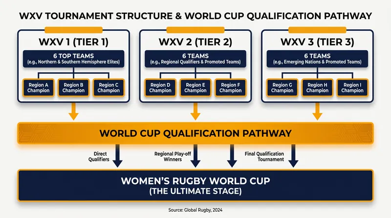 The WXV tournament structure provides consistent, tiered international fixtures to raise global competitive standards.
