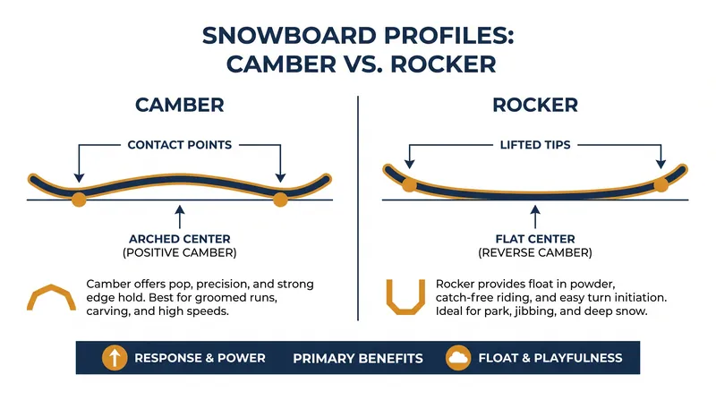 Traditional camber acts as a pre-tensioned spring, while rocker lifts the contact points for a catch-free ride.