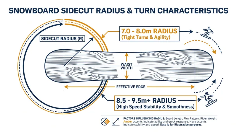 The sidecut radius is the imaginary circle that dictates the natural size of a snowboard's turn.