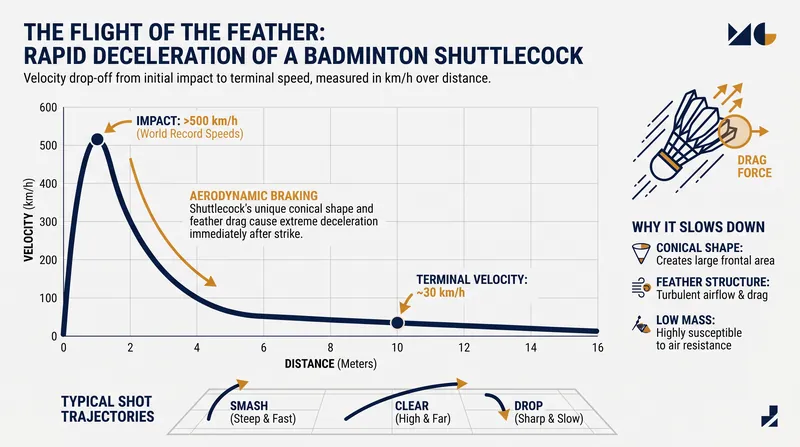 Due to its high drag coefficient, a shuttlecock loses more than half its speed within the first two meters of flight.