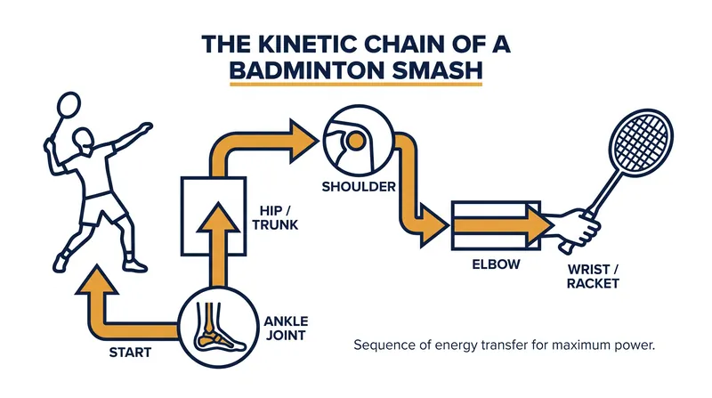 Power is generated from the ground up, transferring through the body's joints like a whip.